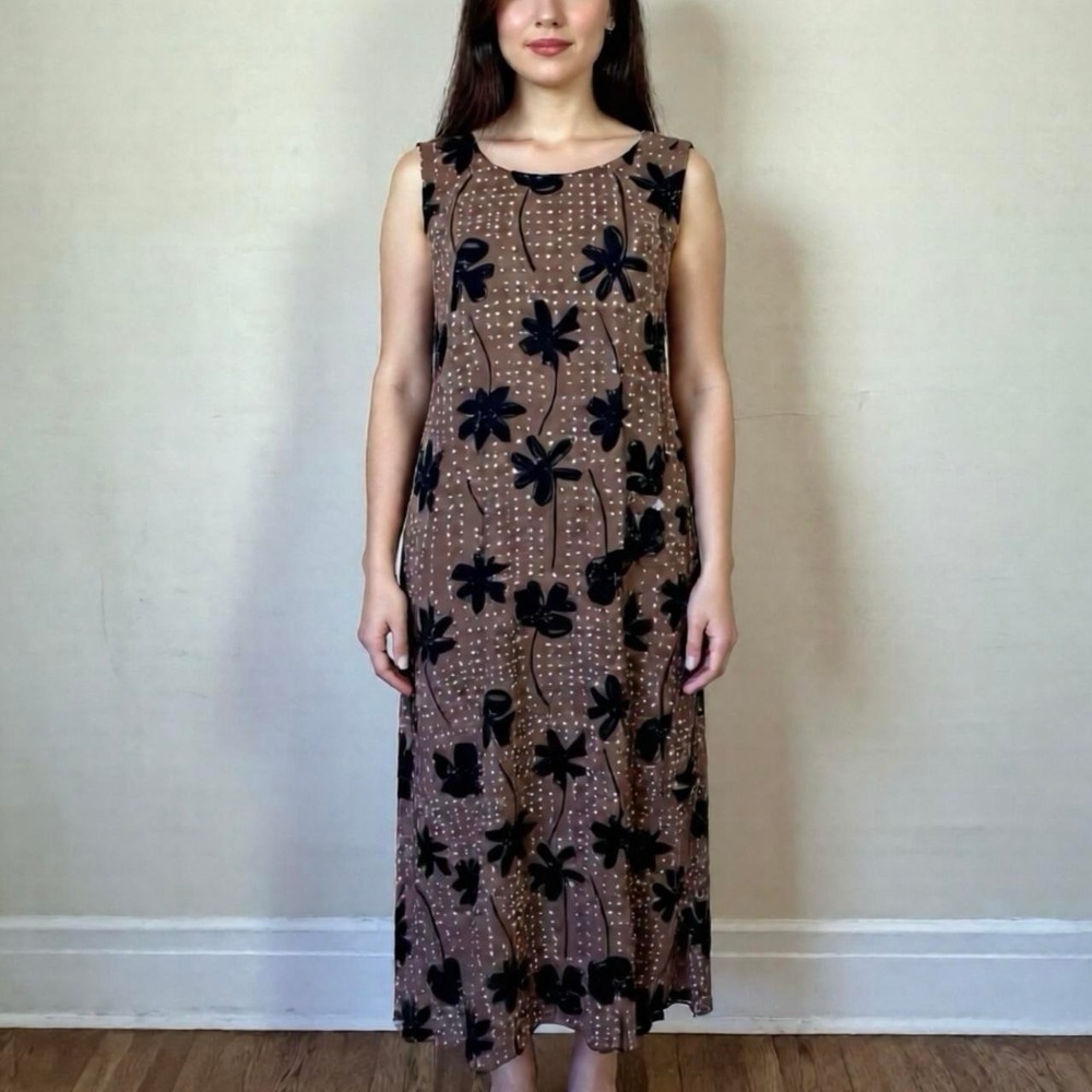 vintage 90s rayon gauze maxi dress abstract polka dot floral art print boho